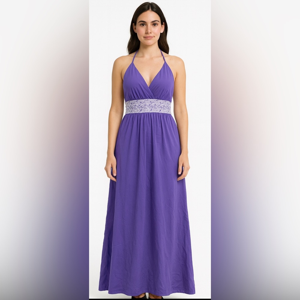 Queens‎ Way To Fashion Vtg Size 38 M L Purple Lace Waist Halter Gown Nylon Maxi